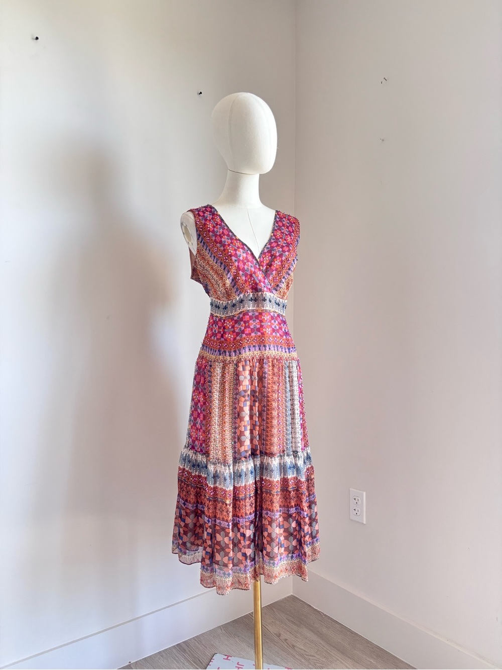I.C.E. Boho Patchwork Mosaic Beaded Empire Midi Dress 14